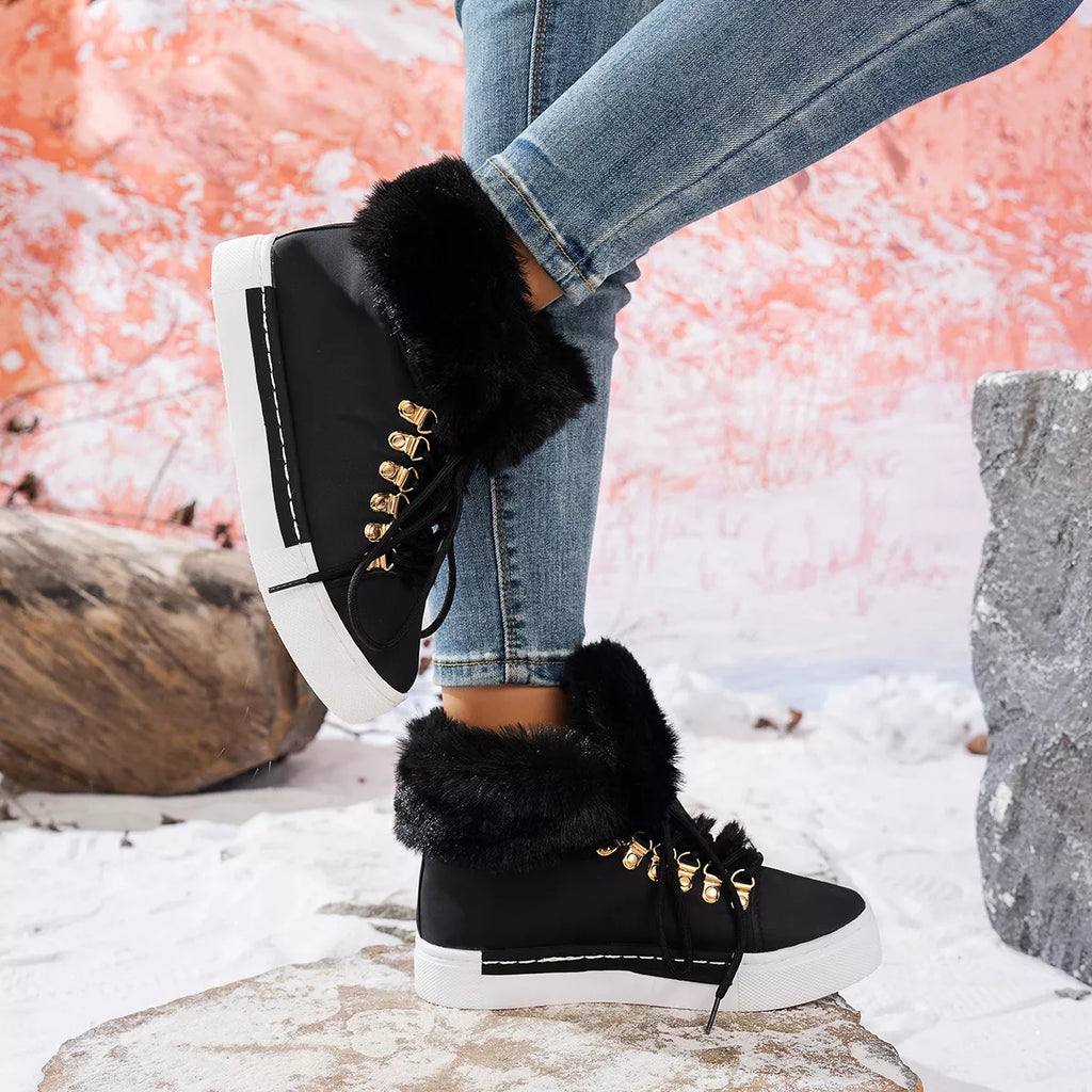 Fuzzy Trim Lace-Up Ankle Boots