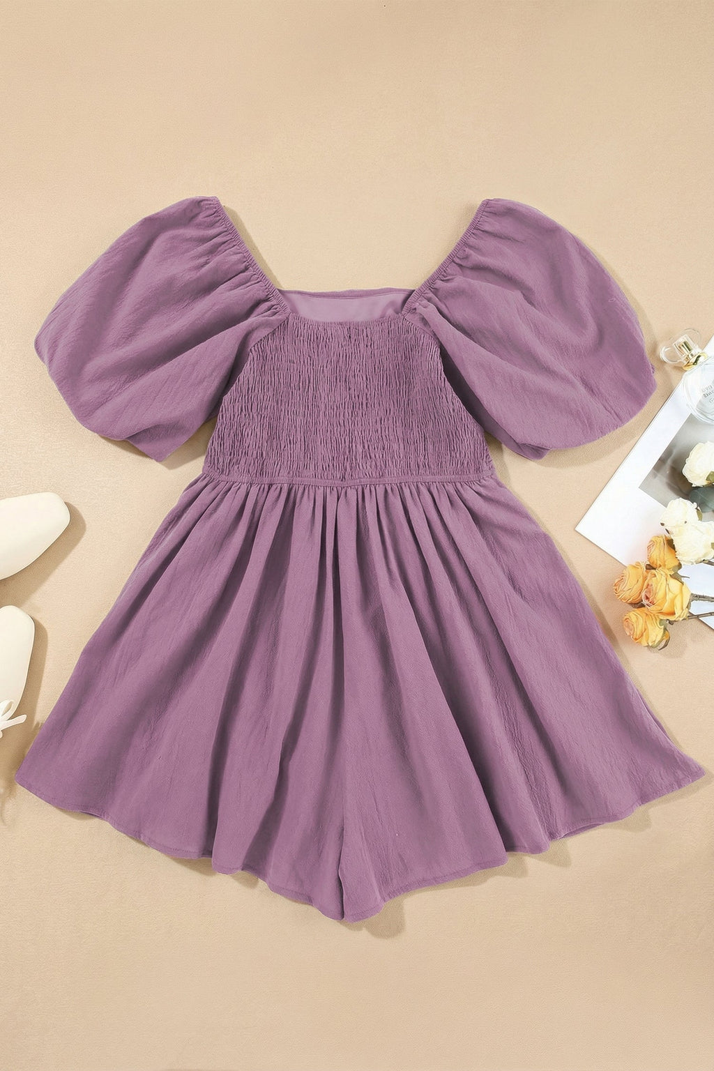 Valerian Square Neck Ruched Puff Sleeve Romper
