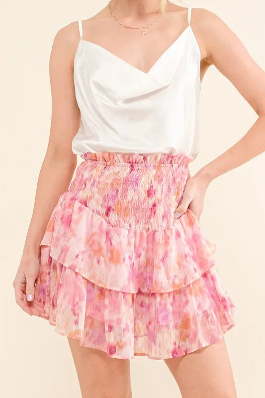 And The Why Printed Lurex Smocked Waist Tiered Skort
