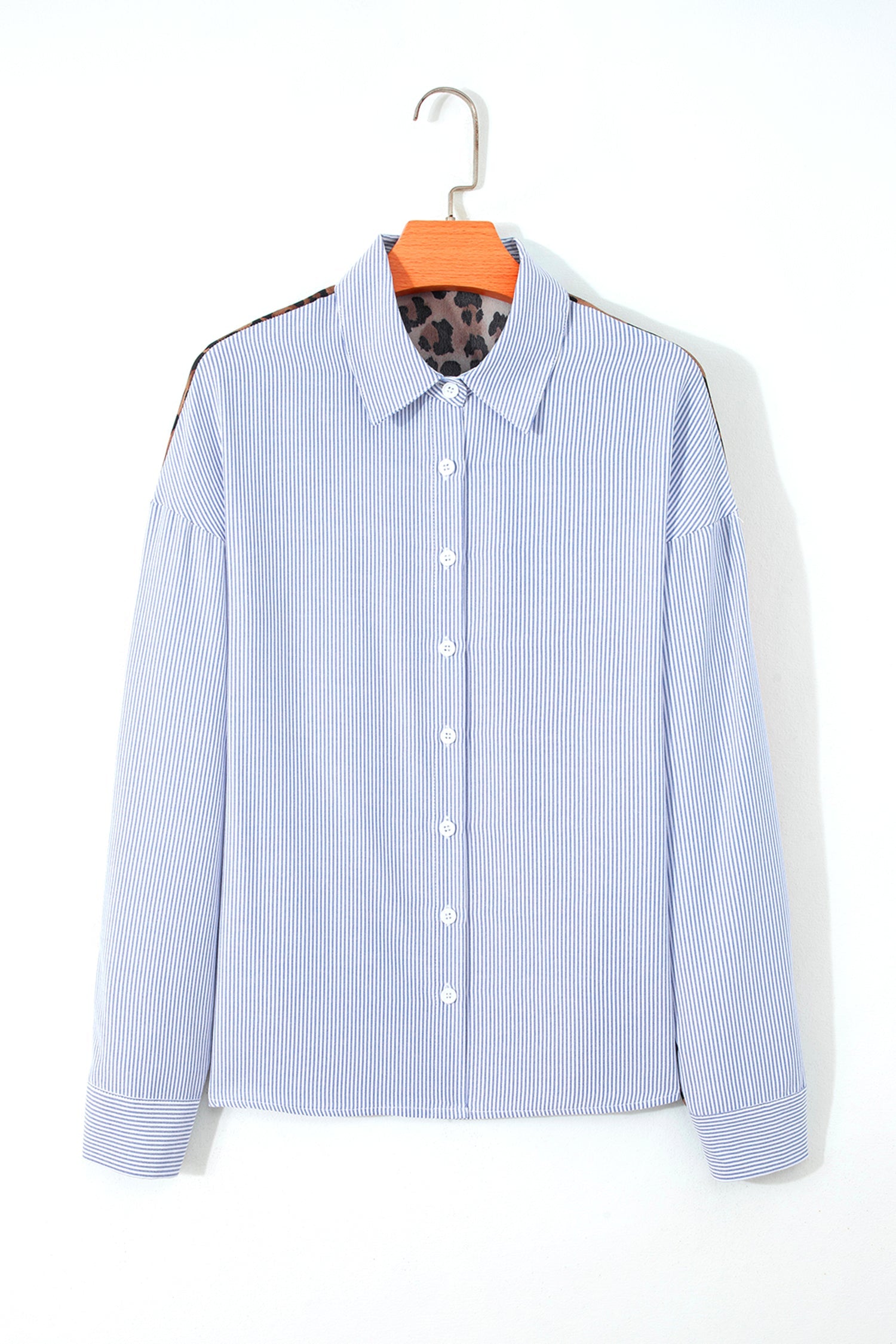 Sky Blue Stripe Contrasted Varsity Stripe Leopard Patchwork Button Down Shirt