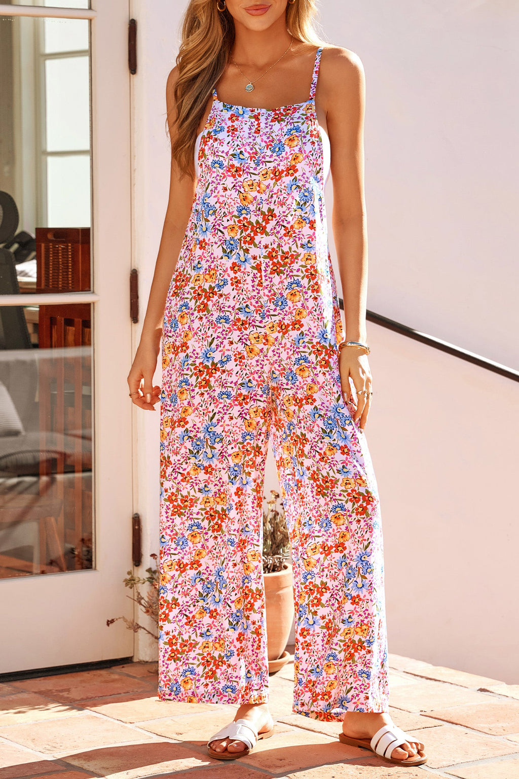 Multicolour Floral Print Spaghetti Straps Loose Pocketed Jumpsuit