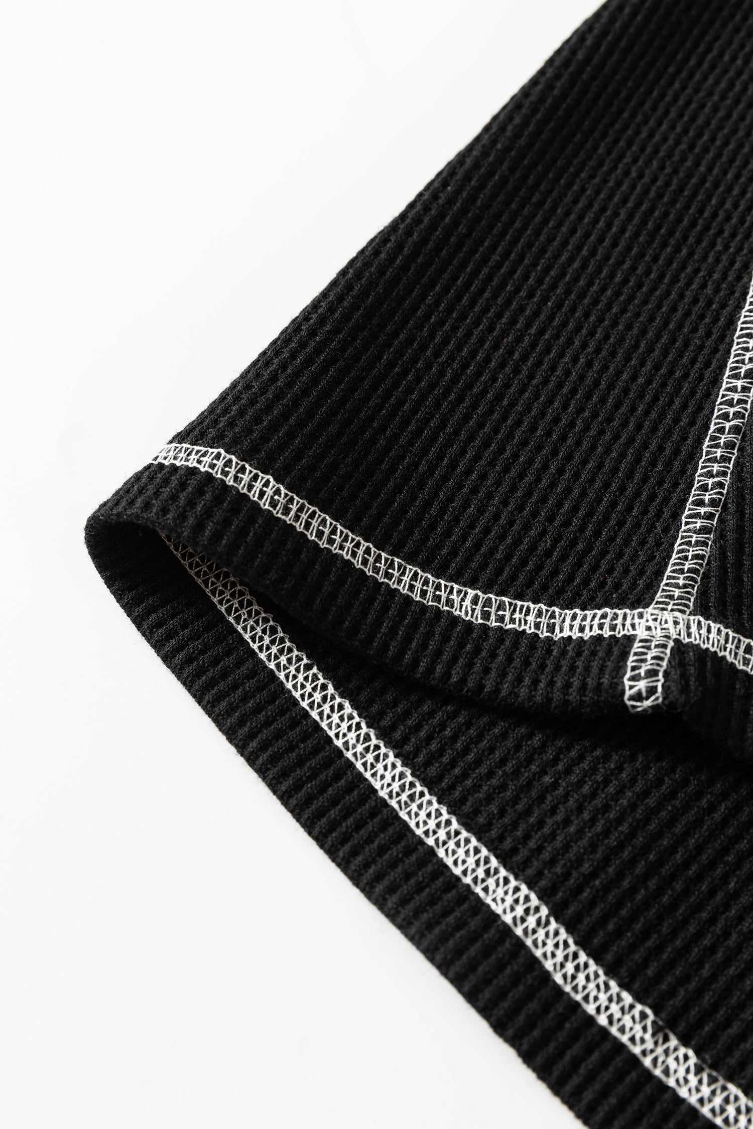 Black Waffle Textured Contrast Trim V Neck Tee