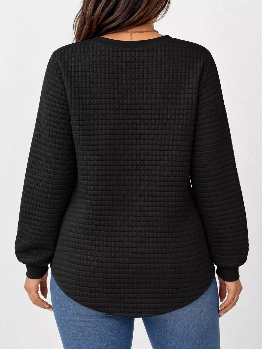 Plus Size Textured Waffle Knit Crew Neck Sweatshirt
