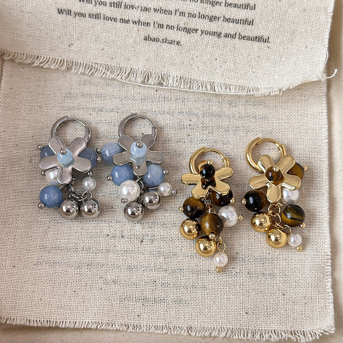 Elegant And Fashionable Tigers Eye Stone Earrings Flower-shaped Ear Clips