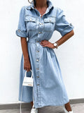 Full Size Button Down Roll-Up Sleeve Denim Shirt Dress Plus Size