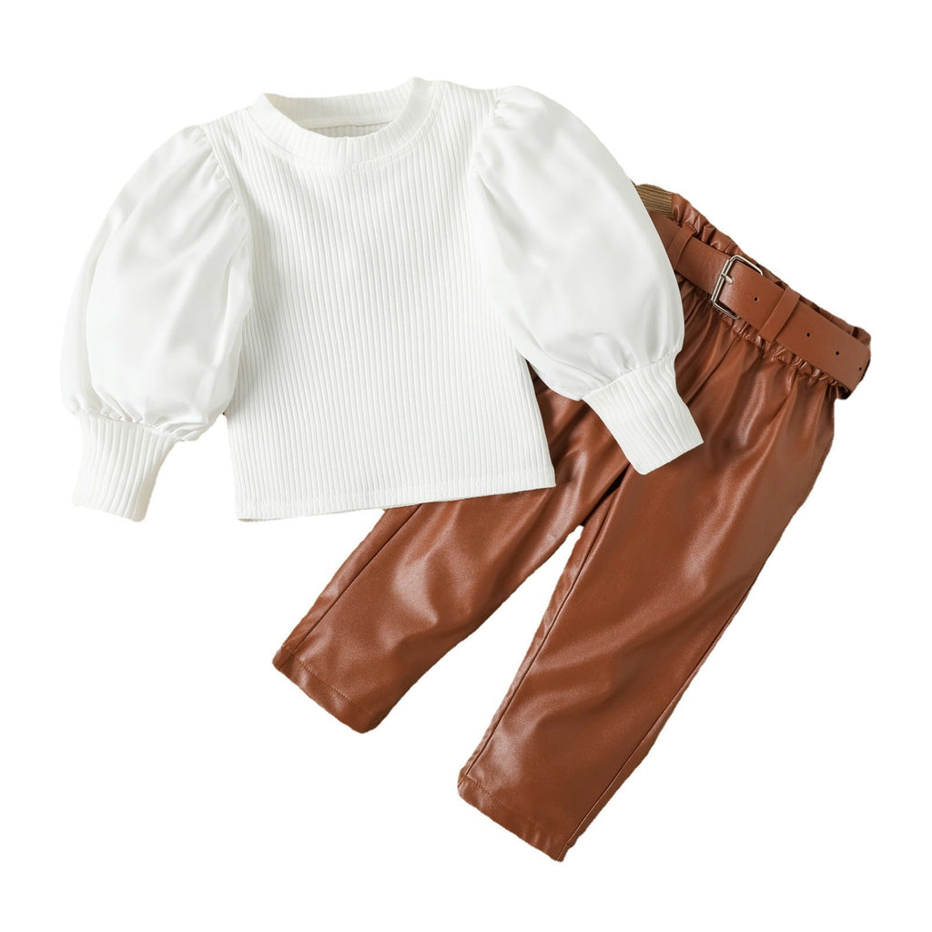 Children's Clothing Girls Small Fashionable Puff Sleeve Trendy Straight Leather Pants Including Belt Autumn And Winter Suit