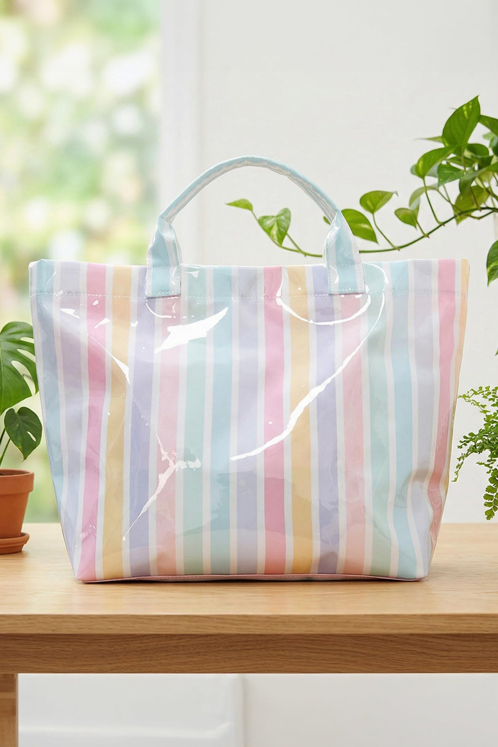Rainbow Glossy Striped Vinyl Large Tote Bag