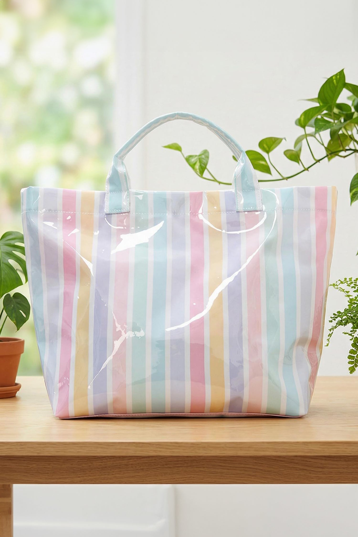 Rainbow Glossy Striped Vinyl Large Tote Bag