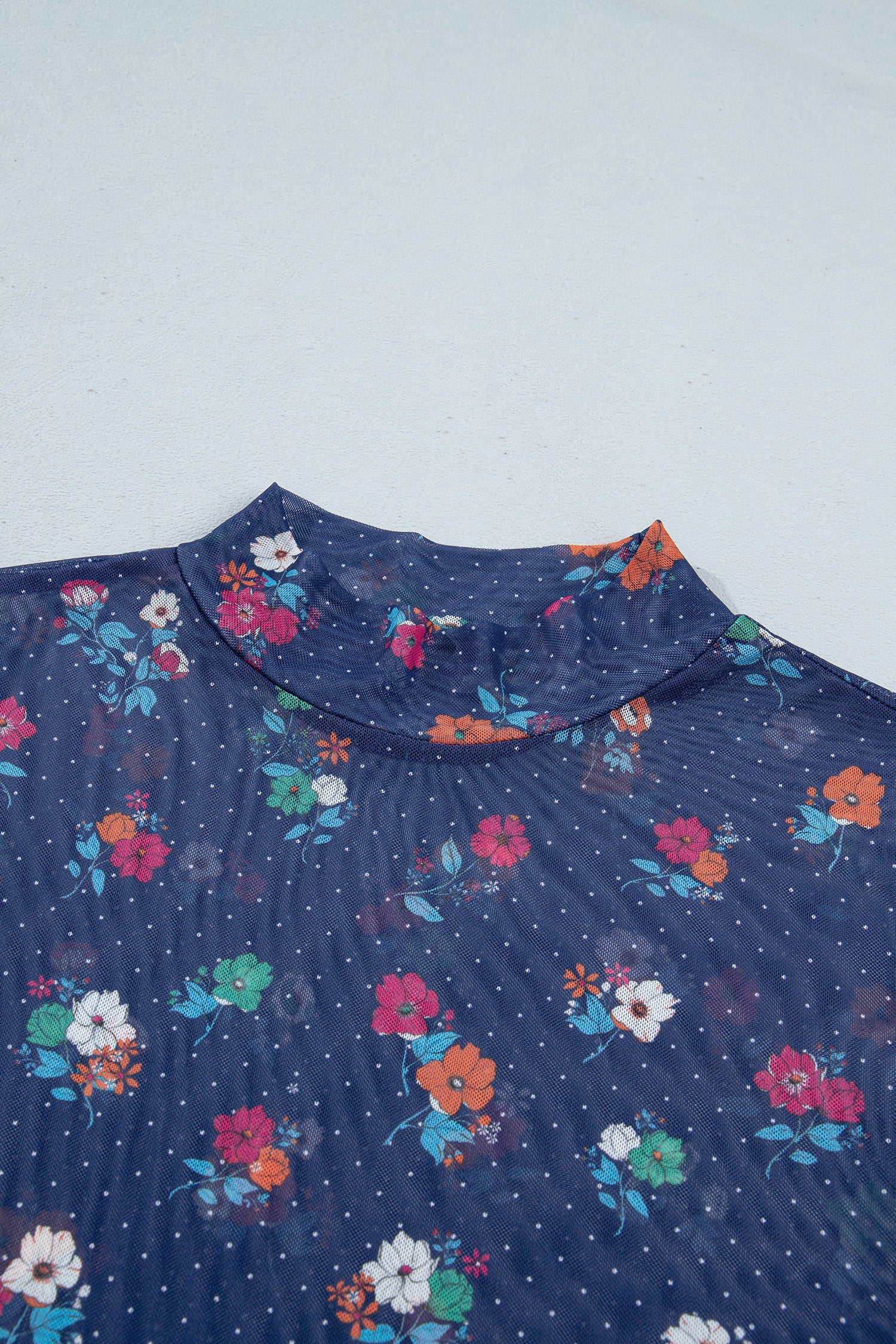 Blue Polka Dot Floral Mesh Long Sleeve High Neck Pullover Sheath Top