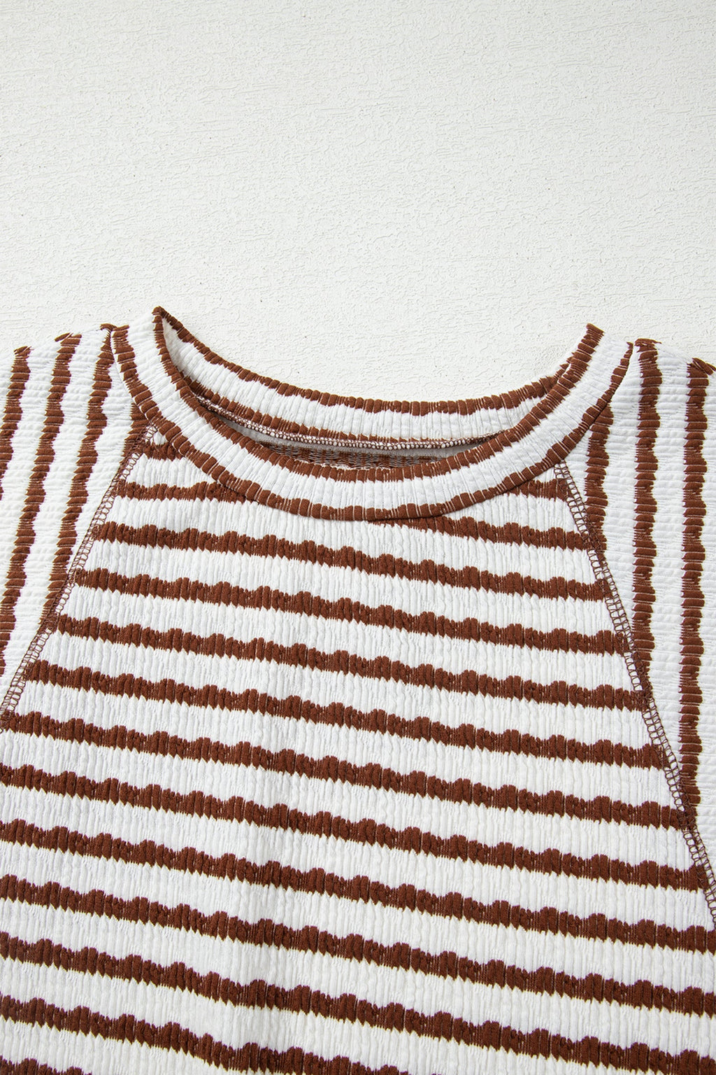 Brown Stripe Textured Knit Split Hem Half Sleeve Loose Top