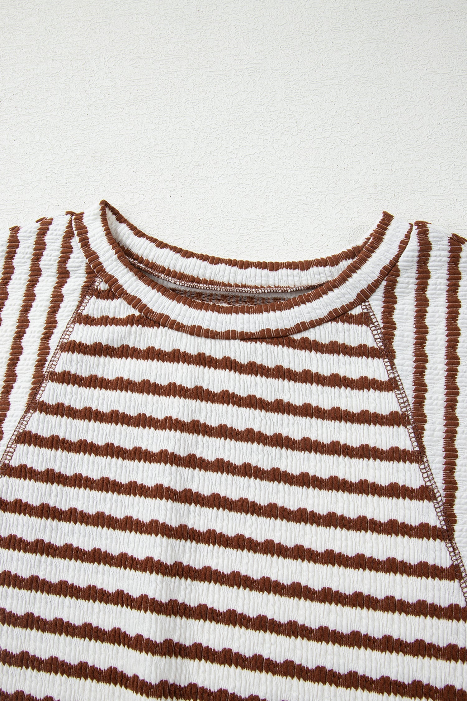 Brown Stripe Textured Knit Split Hem Half Sleeve Loose Top
