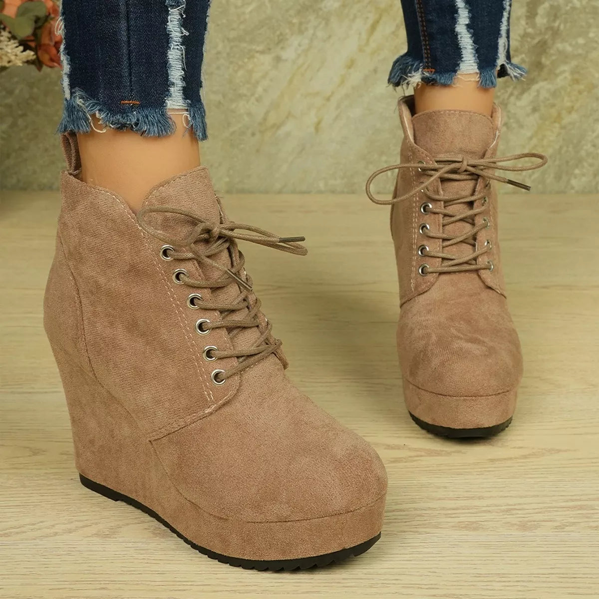 Lace-Up Wedge Ankle Boots
