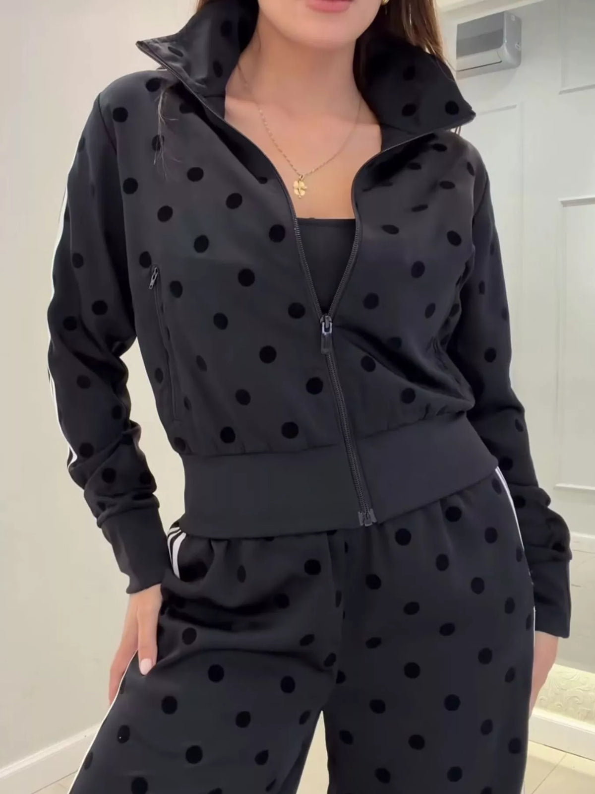 Polka Dot Side Striped Outerwear and Pants Set
