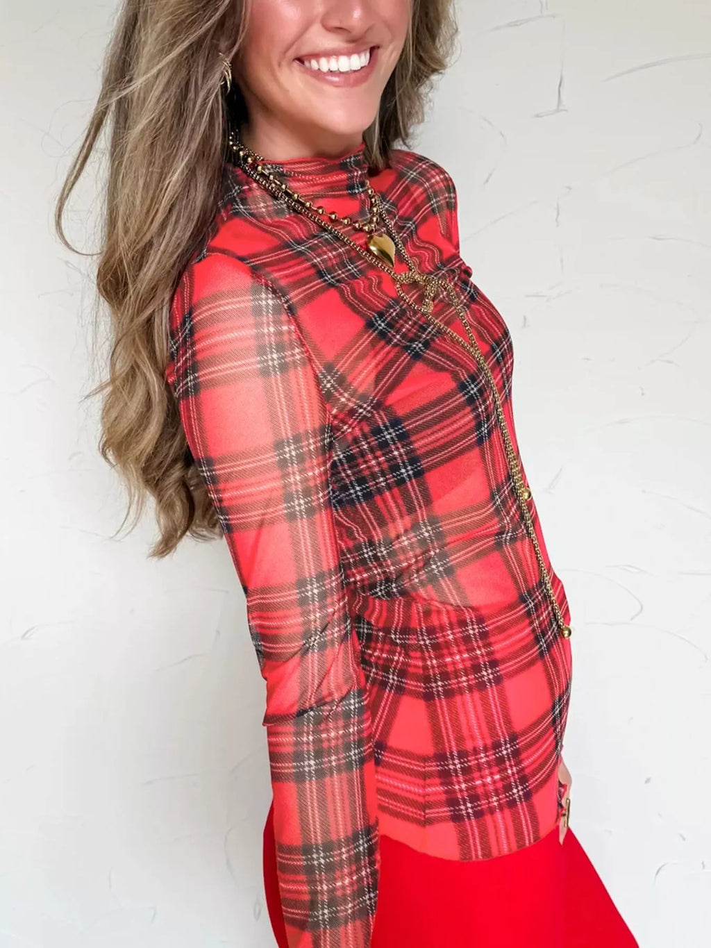 Sheer Plaid Mock Neck Long Sleeve Blouse