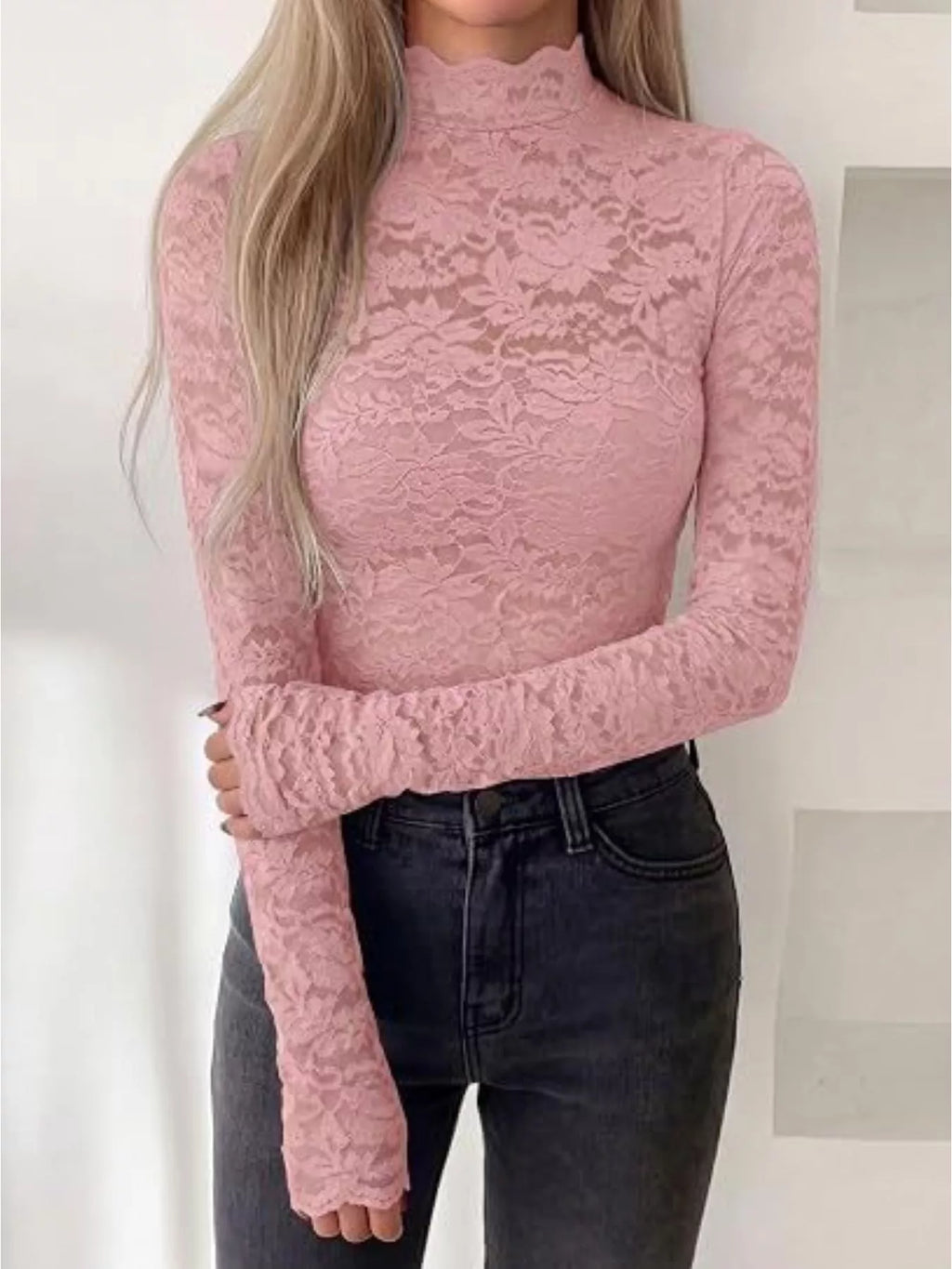 Lace Mock Neck Long Sleeve Top