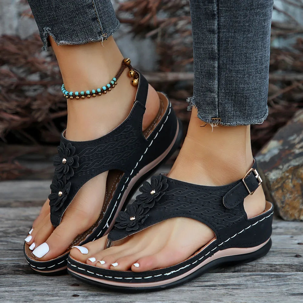 Toe Post Flower Detail Wedge Sandals