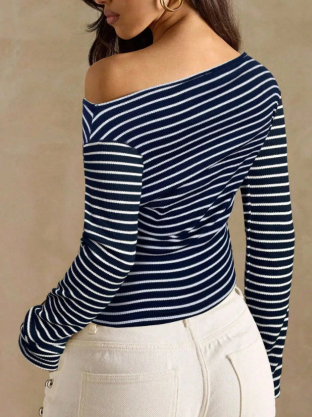 Off-Shoulder Striped Ribbed Long Sleeve T-Shirt