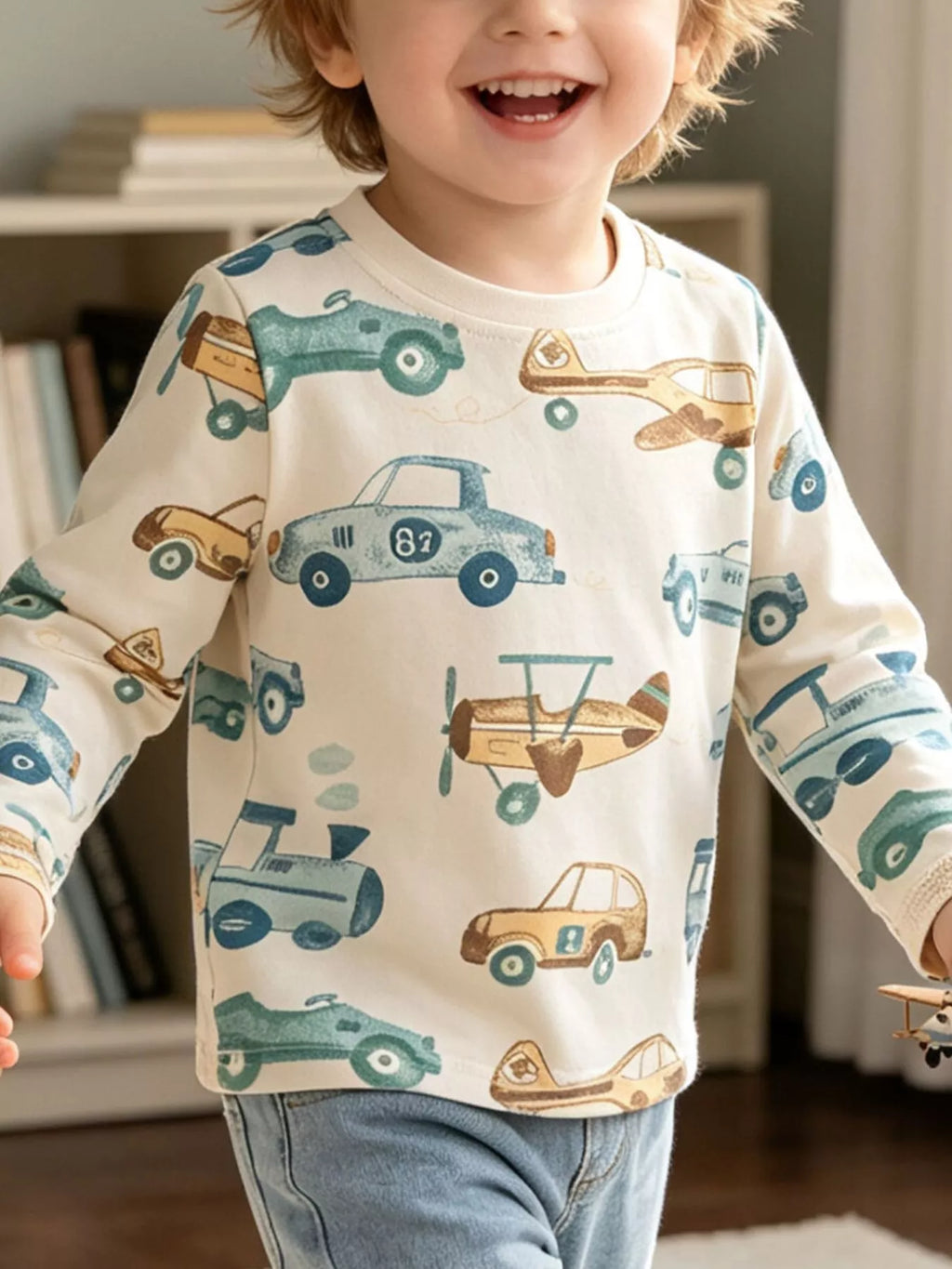 Children's Transportation Print Long Sleeve Crew Neck T-Shirt