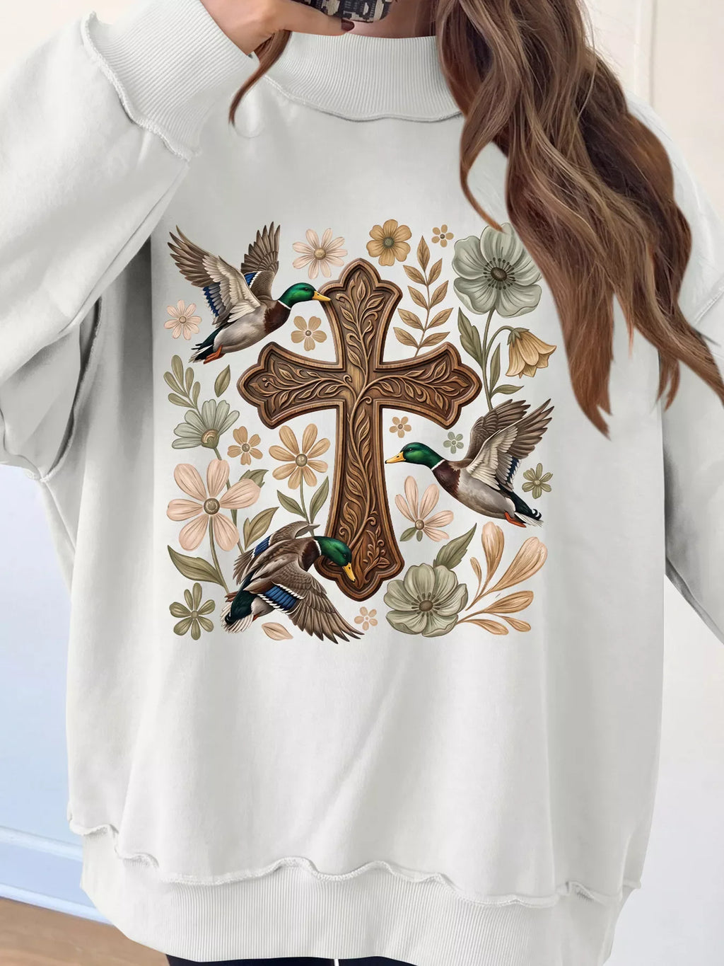 Floral Cross Printed Mock Neck Pullover Sweatshirt