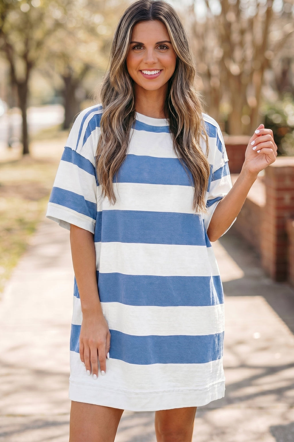 Blue Stripe Raw Seam Shoulder Detail Casual Tee Dress