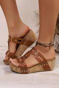 Coffee Retro Hollowed PU Leather Wedge Platform Slippers