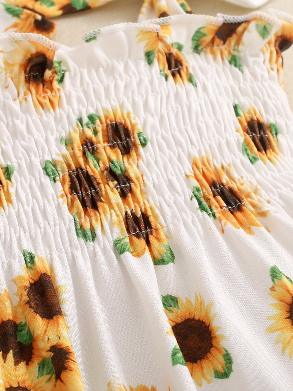 Children's Sunflower Print Smocked Ruffle Trim Jumpsuit