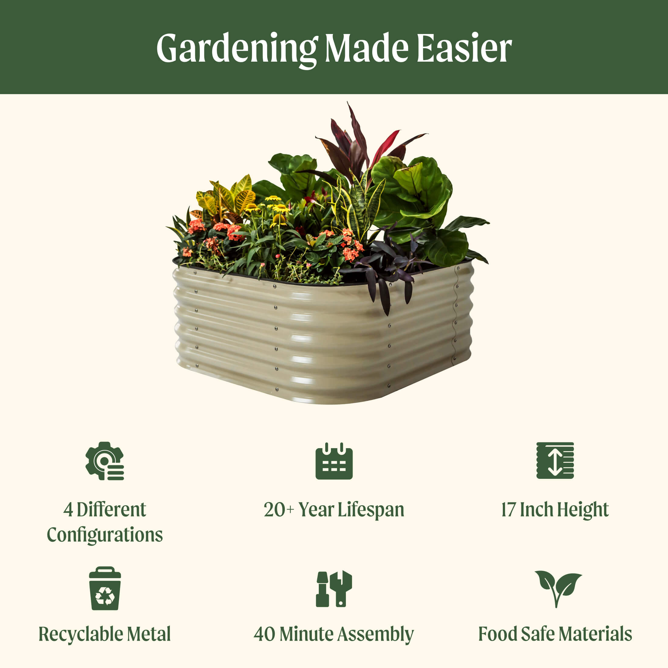 17" Tall 4 In 1 Small Modular Metal Raised Garden Bed Kit