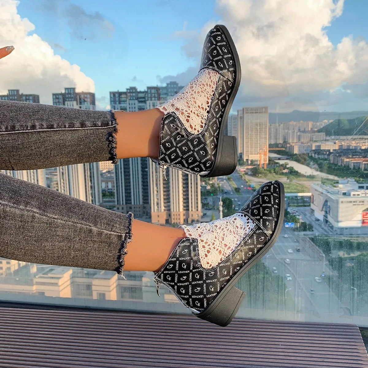 Printed Point Toe Block Heels Boots