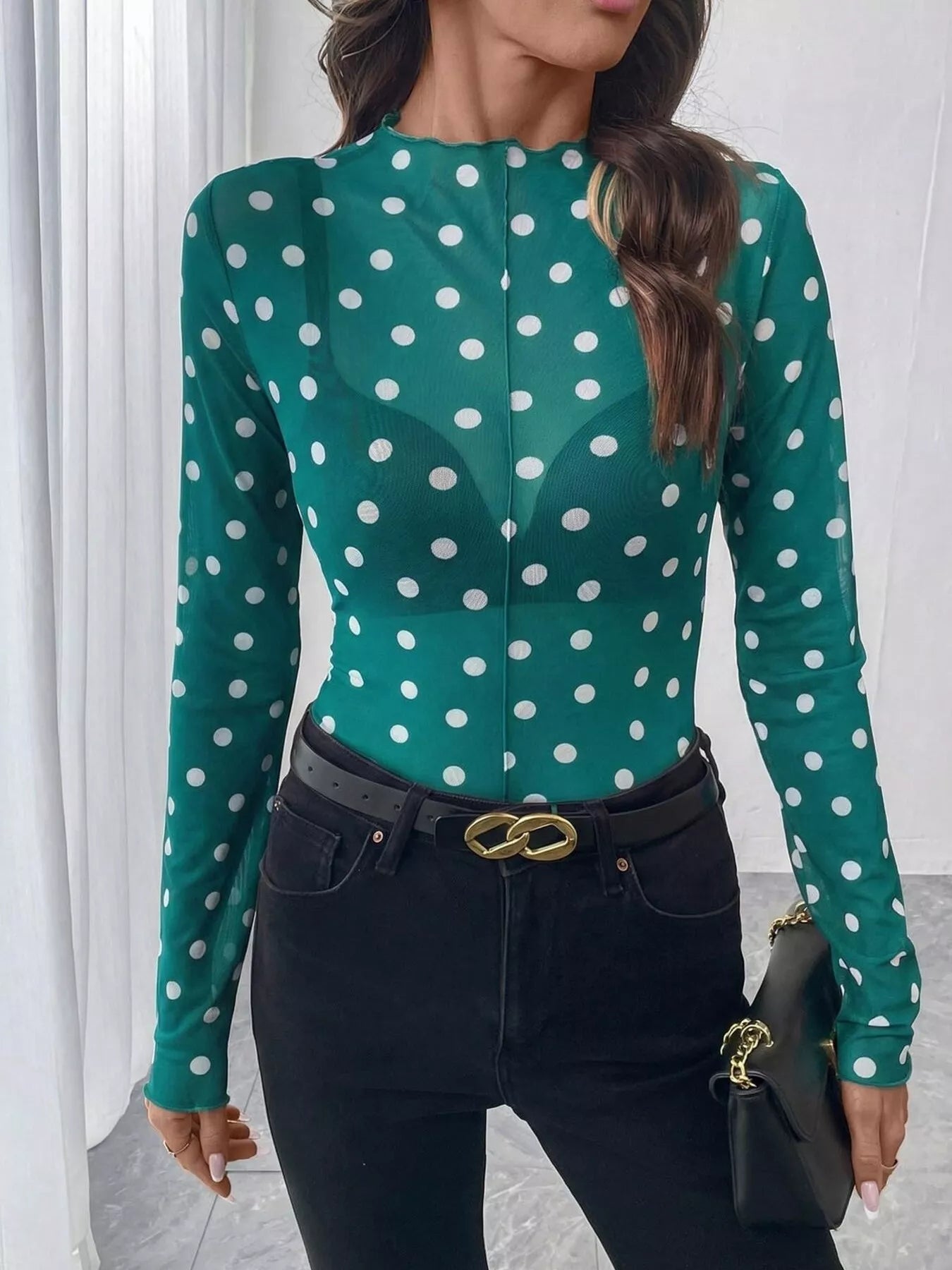 Sheer Polka Dot Long Sleeve Mock Neck Top
