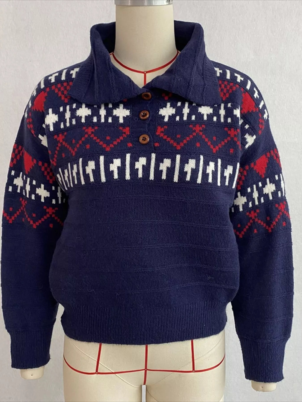 Vintage-Inspired Fair Isle Patterned Polo Sweater