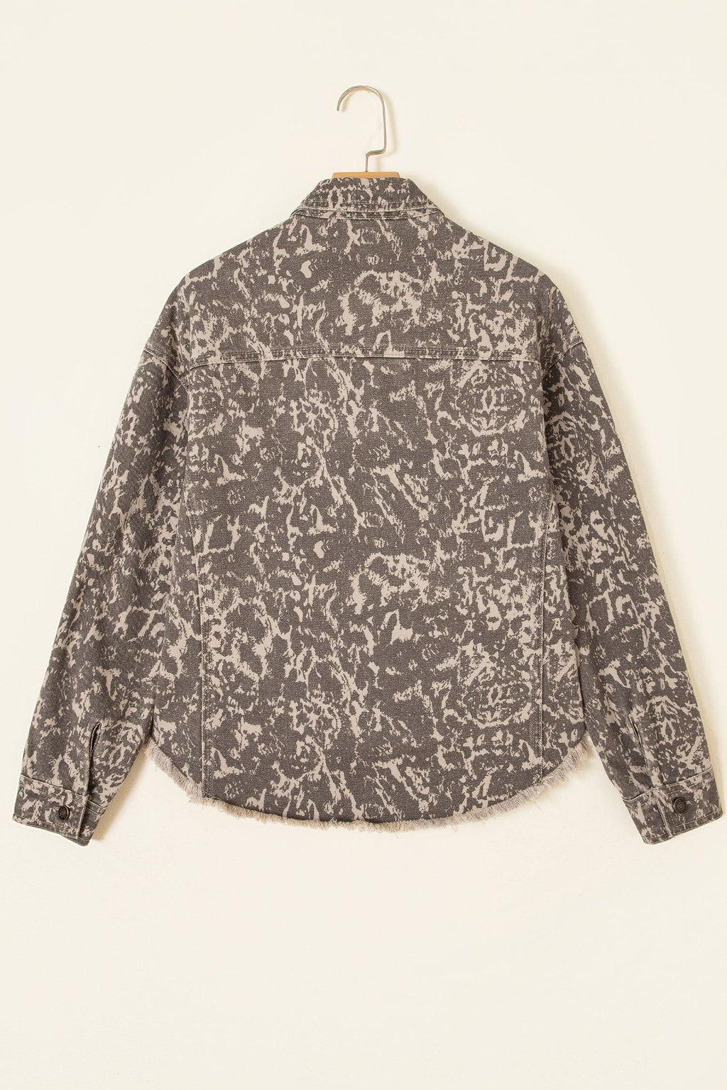 Khaki Abstract Print Long Sleeve Collar Raw Hem Denim Jacket