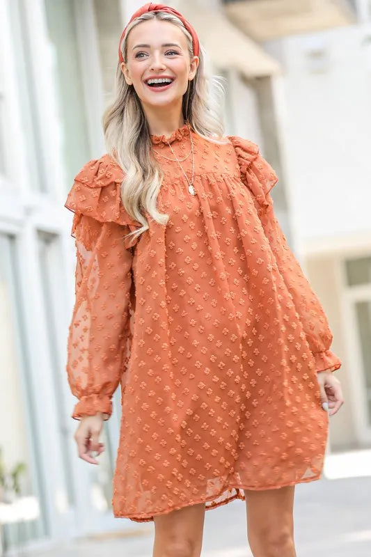 Textured Woven Mock Neck Mini Dress with Ruffle Shoulder