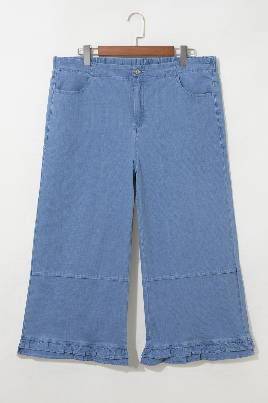 Light Blue Ruffle Hem Wide Leg Full Length Plus Size Jeans
