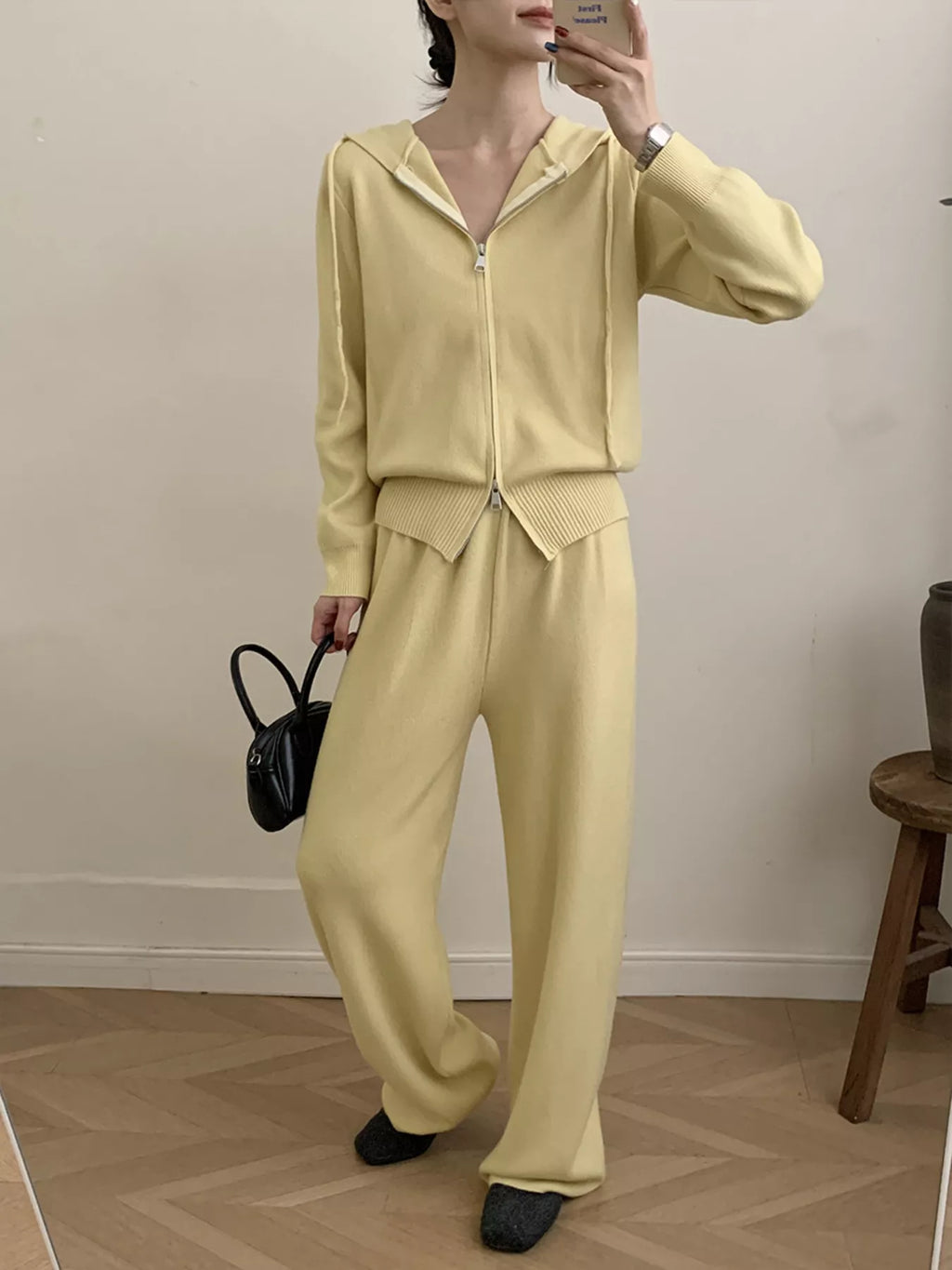 Zip Up Cardigan and Drawstring Wide Leg Pants Knit Set