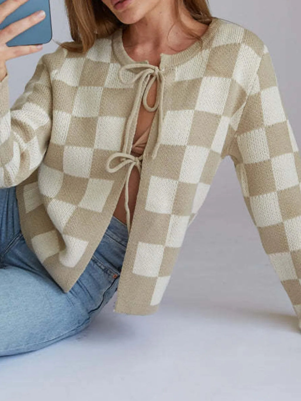 Checkered Tie-Front Cropped Knit Cardigan