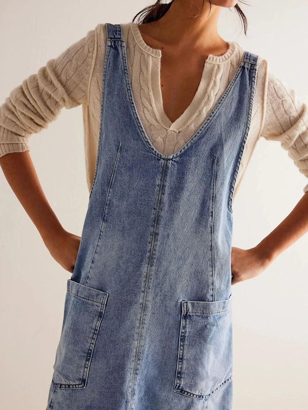 Oversized V-Neck Denim Tank Dress with Front Pockets