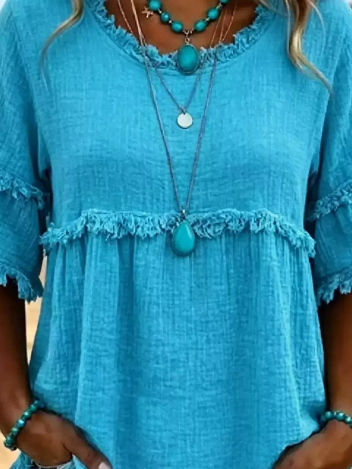 Full Size Frayed Edge Textured Blouse Plus Size