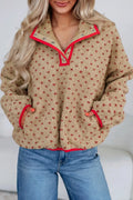 Heart Pattern Fleece Colorblock Collar Long Sleeve Sweatshirt
