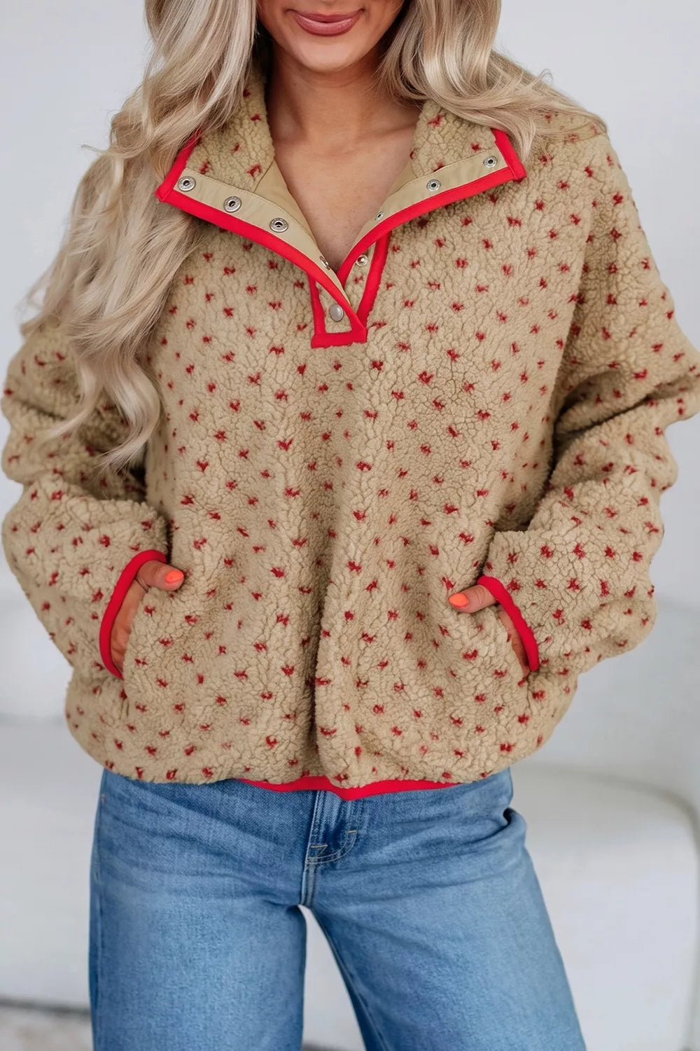 Heart Pattern Fleece Colorblock Collar Long Sleeve Sweatshirt