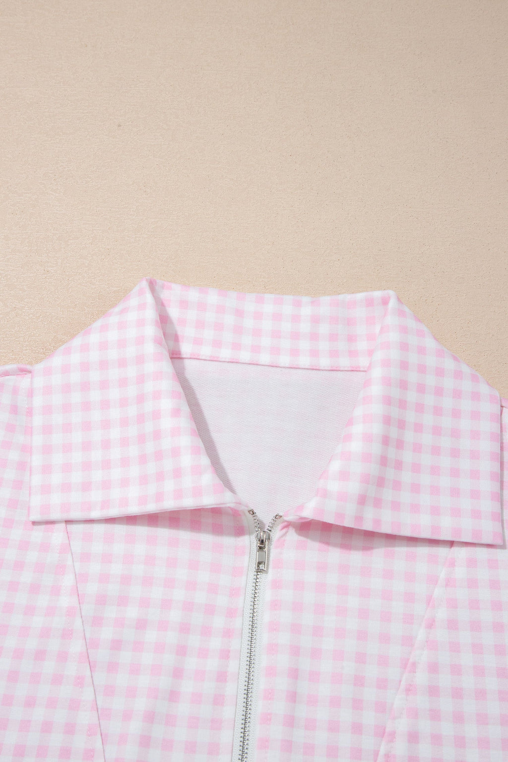 Pink Plaid Zip Neck Sleeveless Top Elastic Waist Shorts Casual Two Piece Short Set