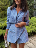 Striped Shirt and Asymmetrical Mini Skirt Set