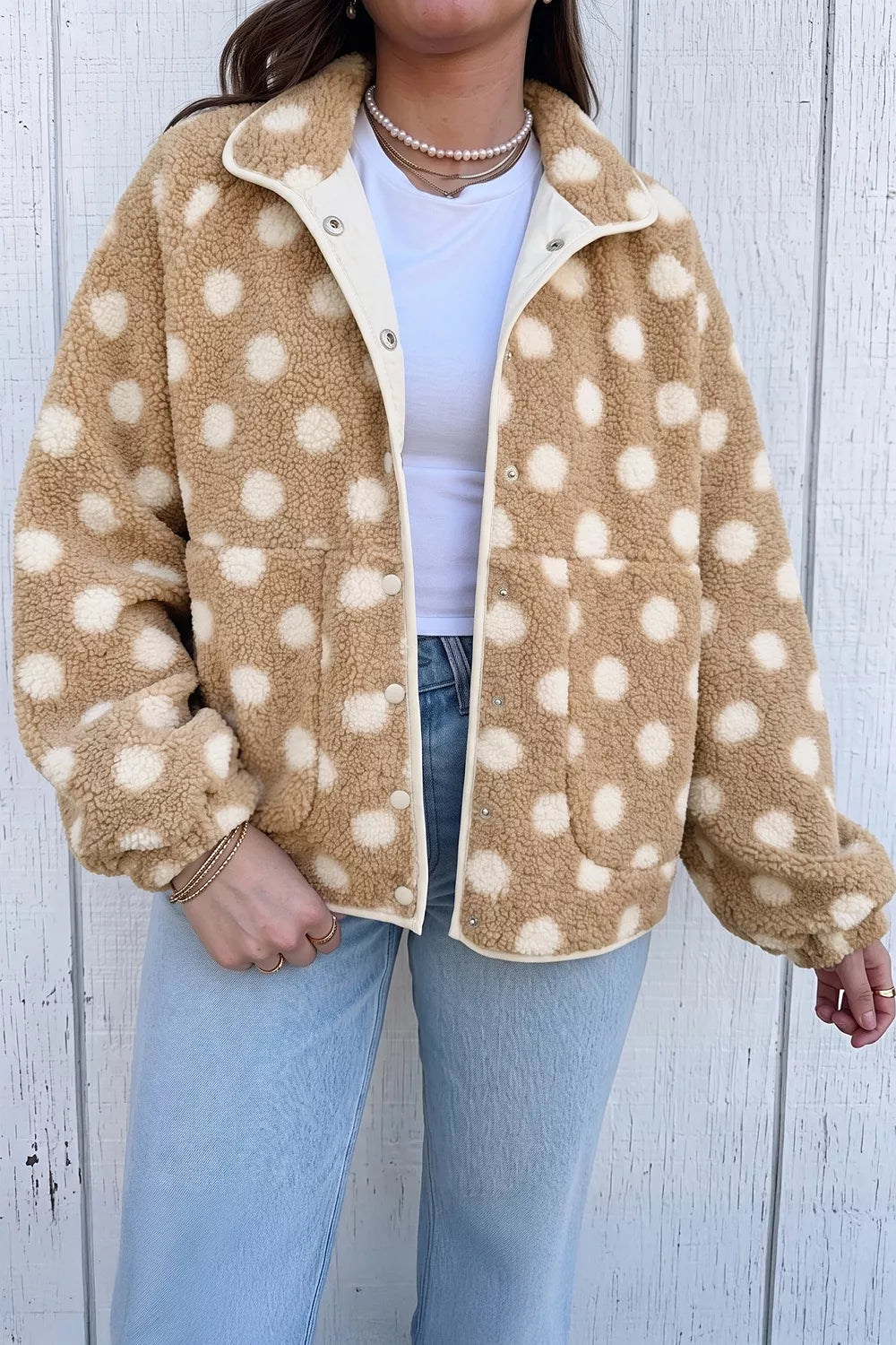 Polka Dot Faux Fur Metal Button Placket Shift Silhouette Jacket