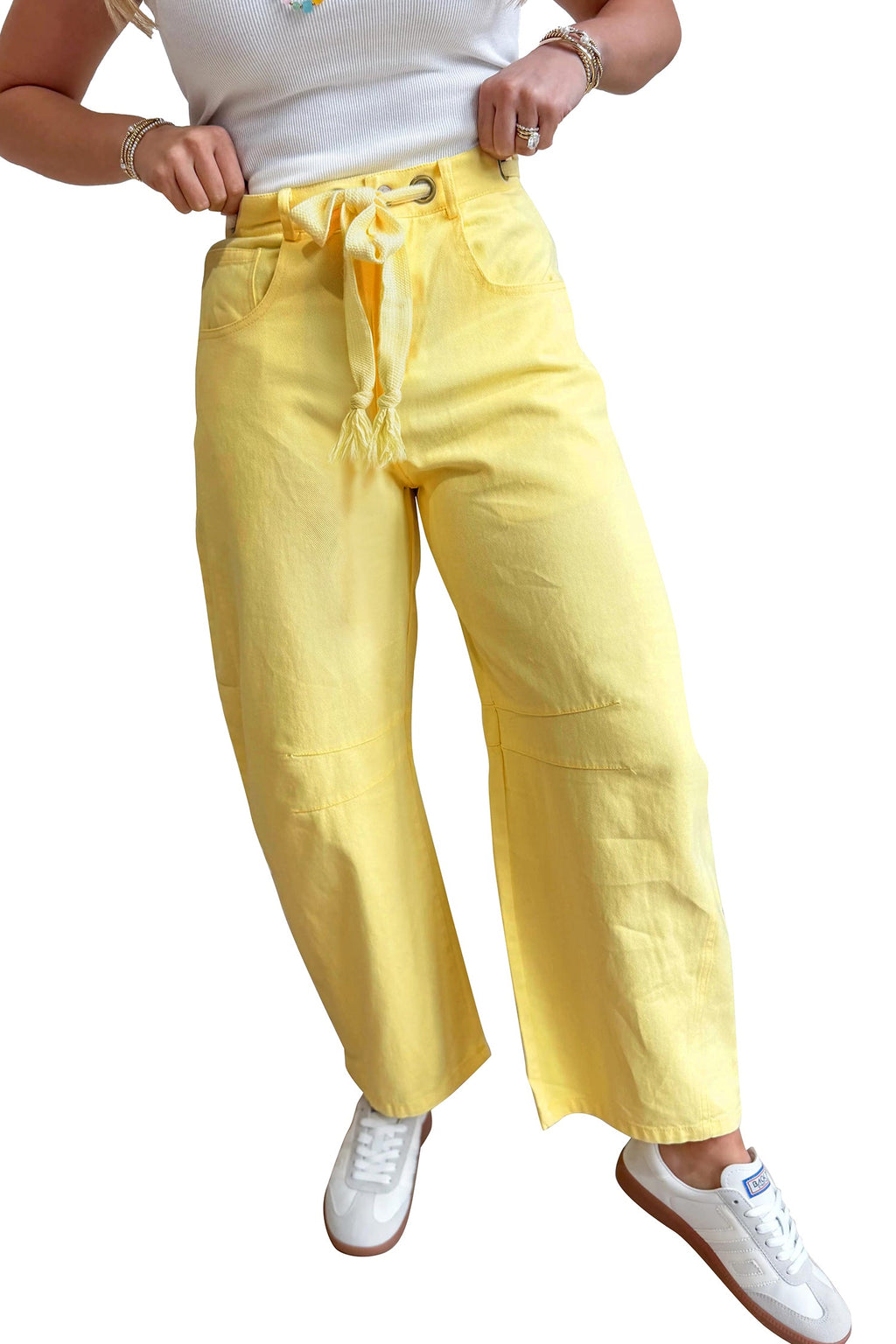 Light Pink Solid Color Grommet Detail Knot Waist Barrel Jeans