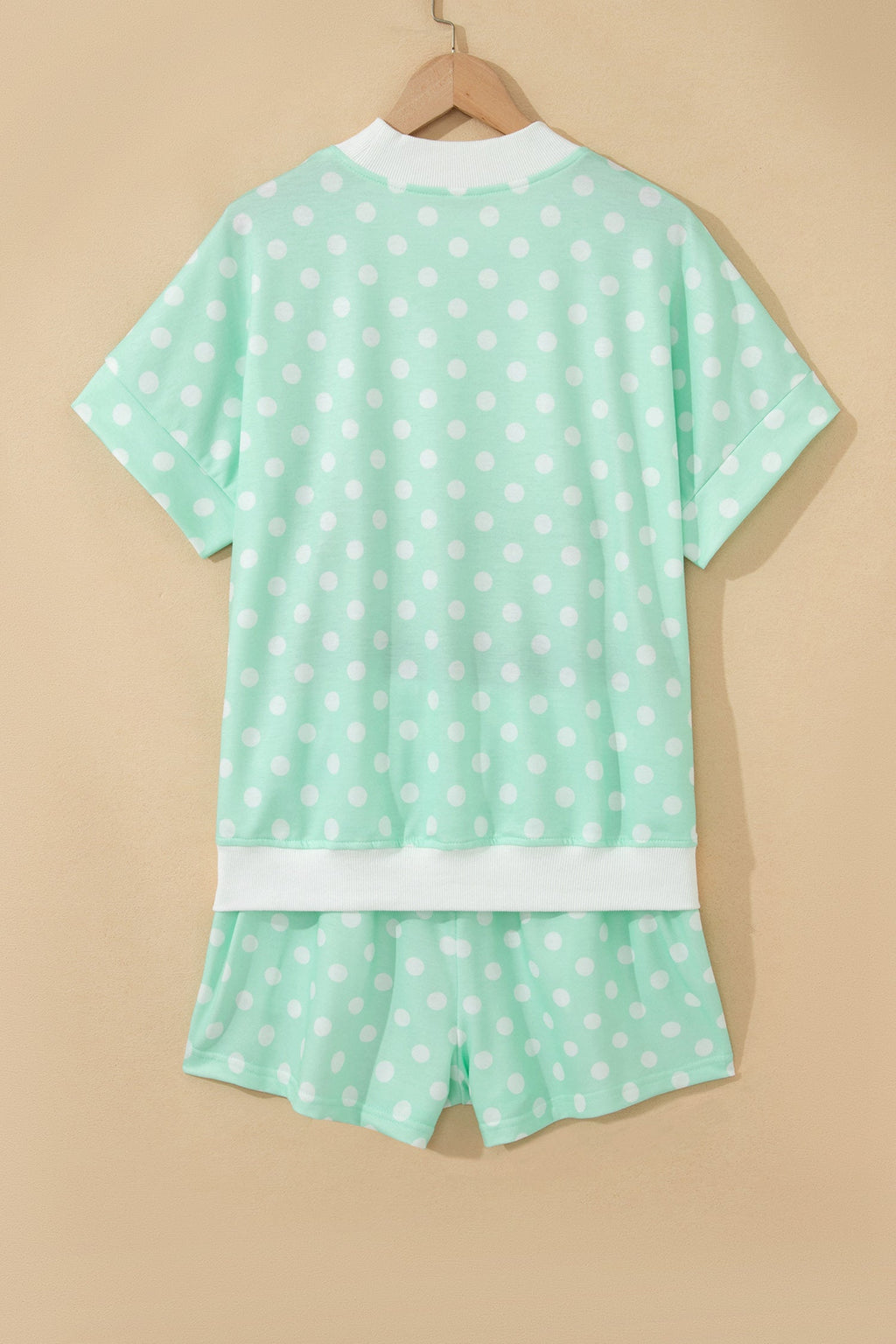 Green Polka Dot Print Color Block Trim Mock Neck Short Set