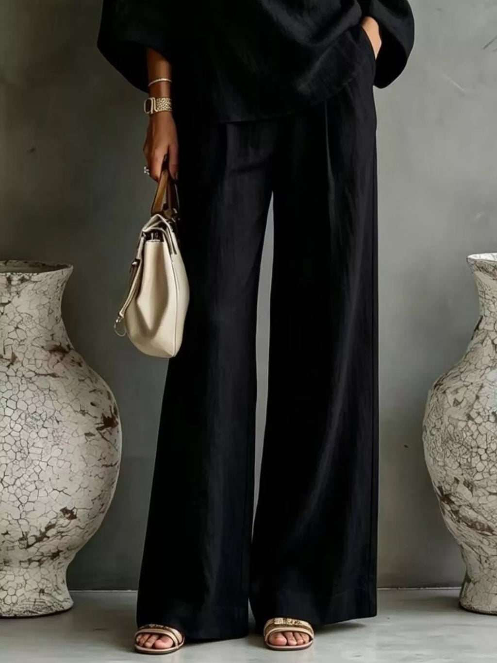 One Shoulder Top and Wide Leg Pants Set