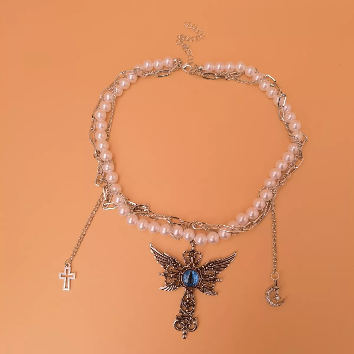 Gothic Pearl Double Layered Necklace with Wing Pendant