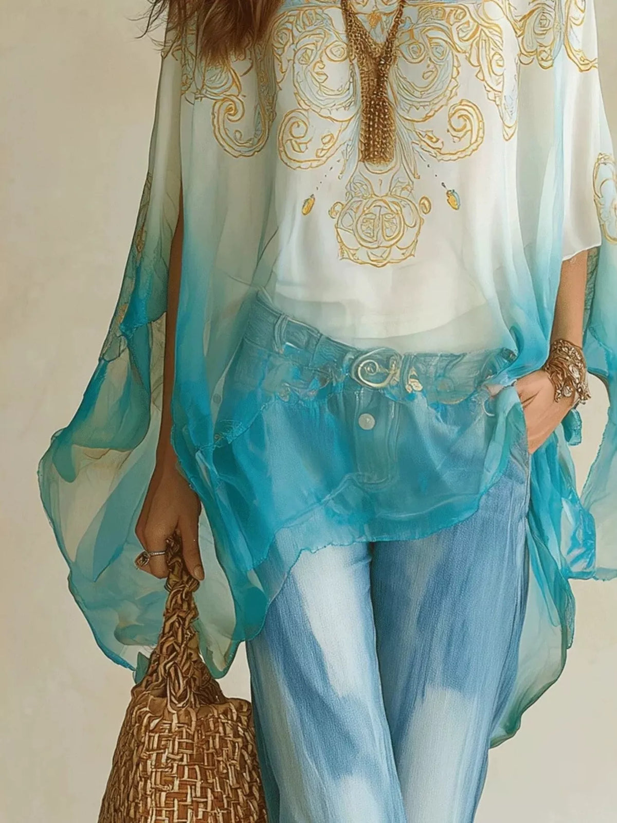 Full Size Gradient Flowy Batwing Sleeve Blouse Plus Size