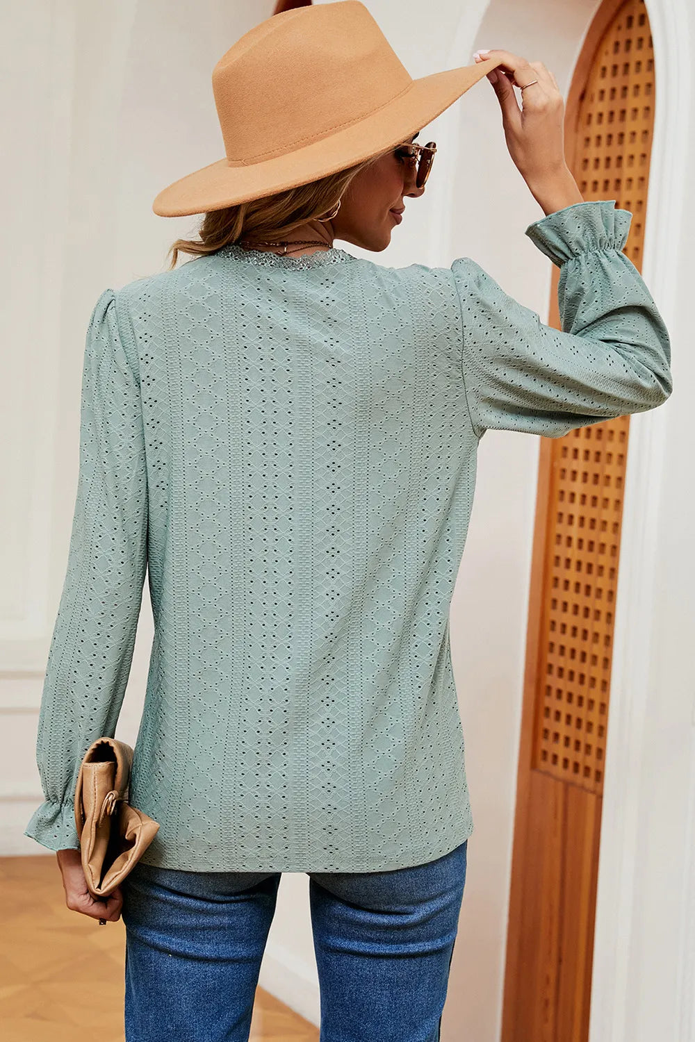 Eyelet V-Neck Flounce Sleeve T-Shirt
