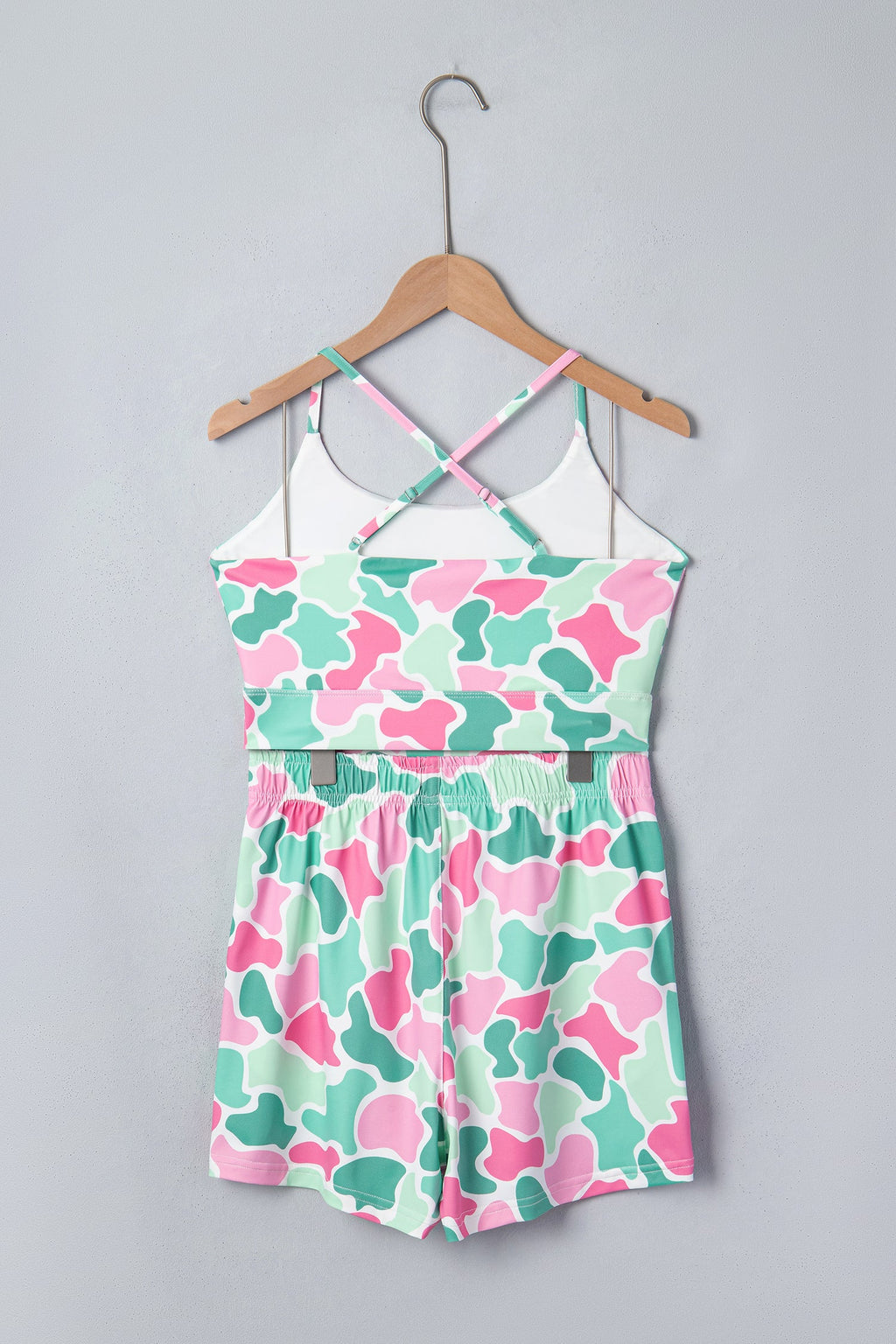Green Camouflage Printed Cropped Tank Athleisure 2pcs Short Set