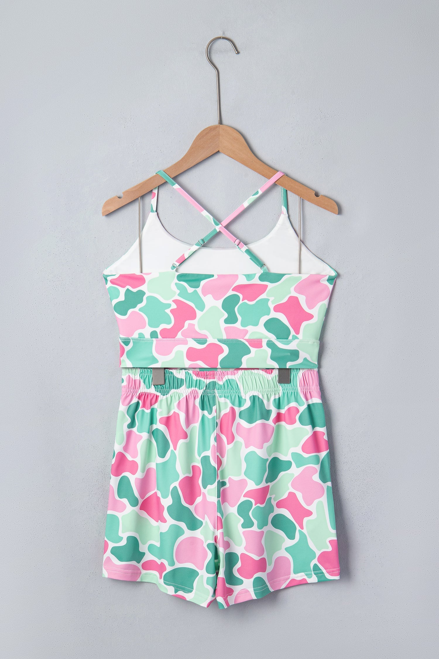 Green Camouflage Printed Cropped Tank Athleisure 2pcs Short Set